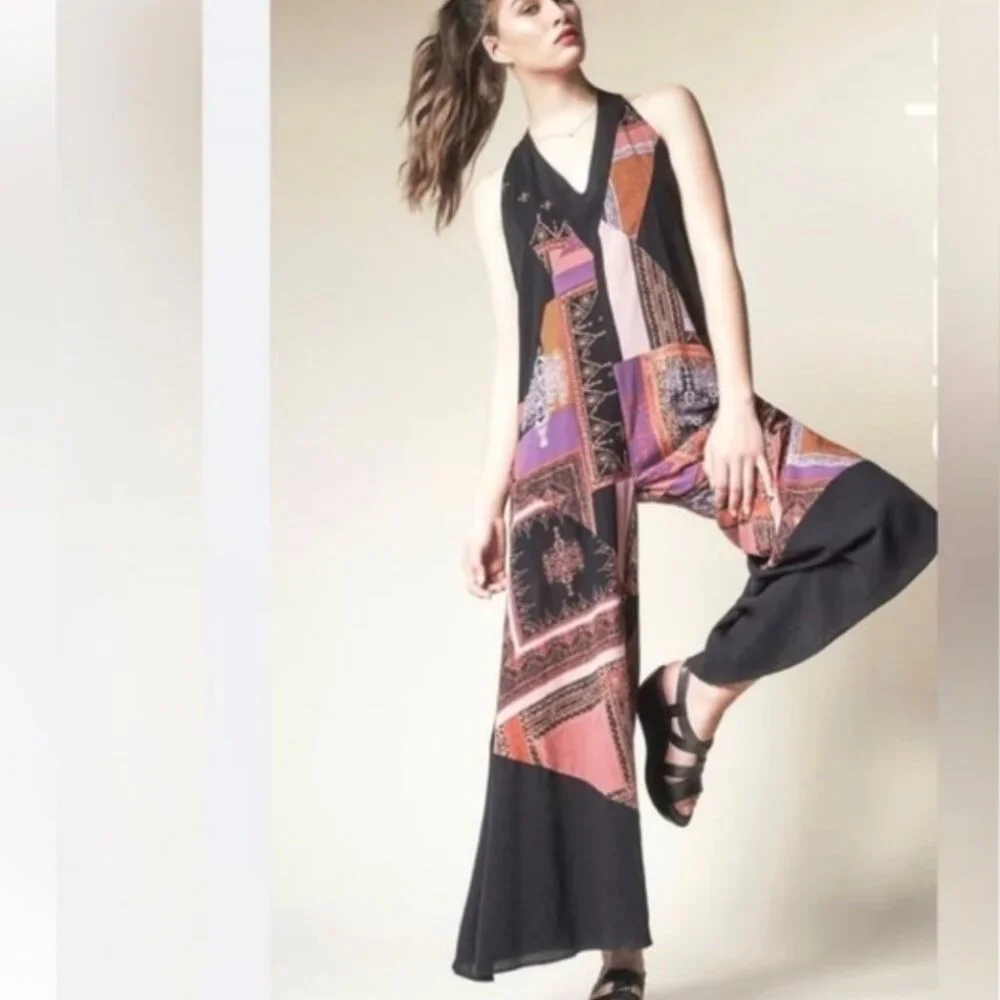 Free People All Patched Up Jumpsuit Pink Purple X-Small Patchwork‎ Boho Wide Leg